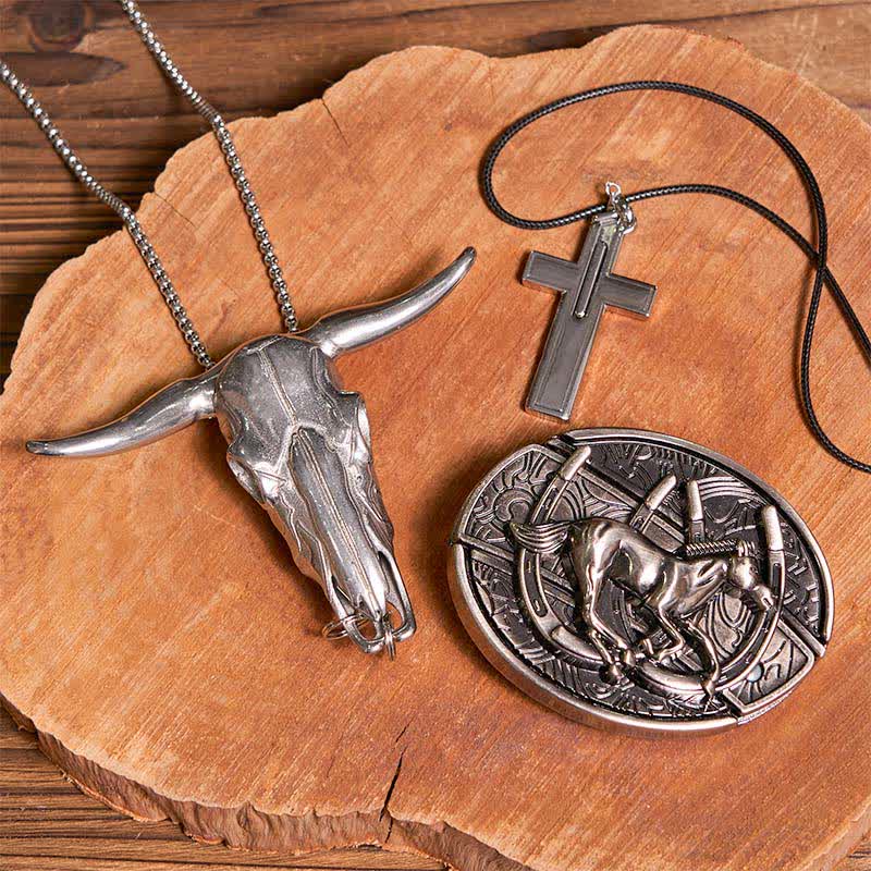 Conjunto de collar y colgante con cruz de toro con hebilla de cinturón y cuchillo oculto para montar a caballo al galope, DIY