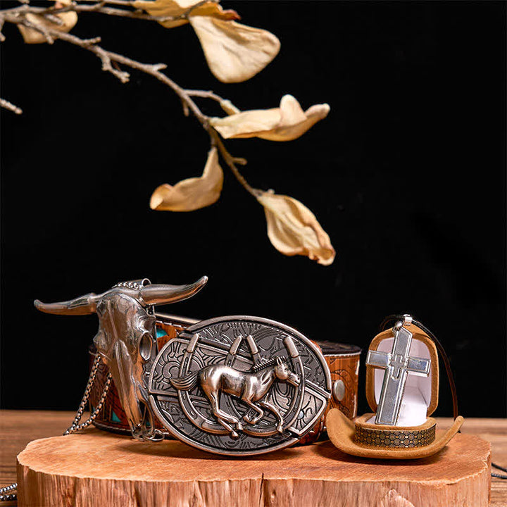 Conjunto de collar y colgante con cruz de toro con hebilla de cinturón y cuchillo oculto para montar a caballo al galope, DIY