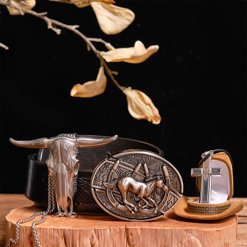 Conjunto de collar y colgante con cruz de toro con hebilla de cinturón y cuchillo oculto para montar a caballo al galope, DIY