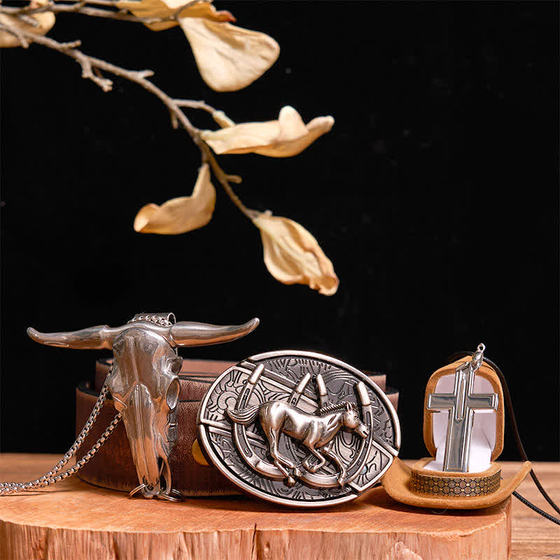 Conjunto de collar y colgante con cruz de toro con hebilla de cinturón y cuchillo oculto para montar a caballo al galope, DIY