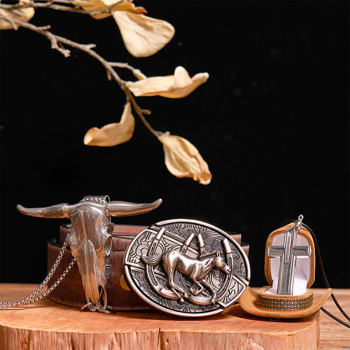Conjunto de collar y colgante con cruz de toro con hebilla de cinturón y cuchillo oculto para montar a caballo al galope, DIY