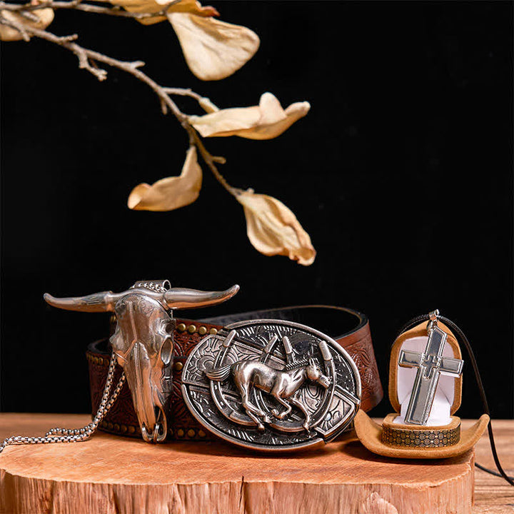 Conjunto de collar y colgante con cruz de toro con hebilla de cinturón y cuchillo oculto para montar a caballo al galope, DIY