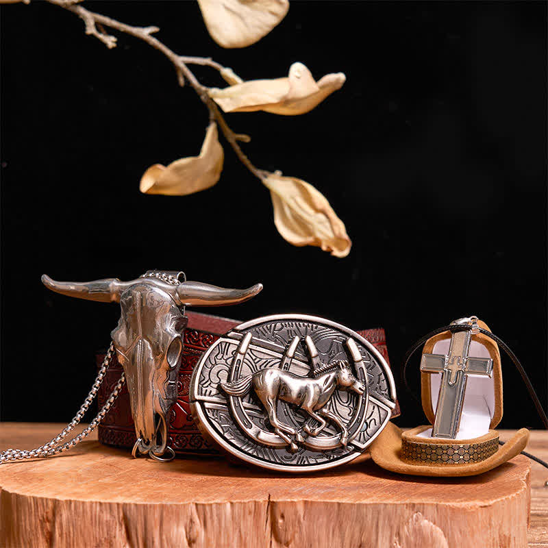 Conjunto de collar y colgante con cruz de toro con hebilla de cinturón y cuchillo oculto para montar a caballo al galope, DIY