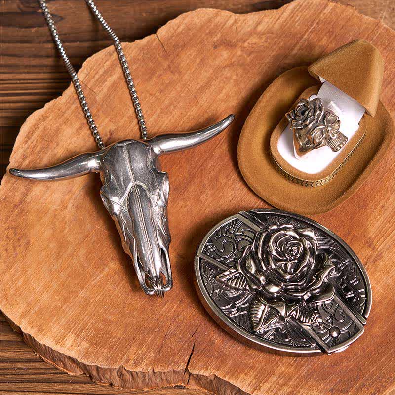 Conjunto de hebilla de cinturón con cuchillo oculto y rosa, colgante de toro, calavera y anillo con rosa
