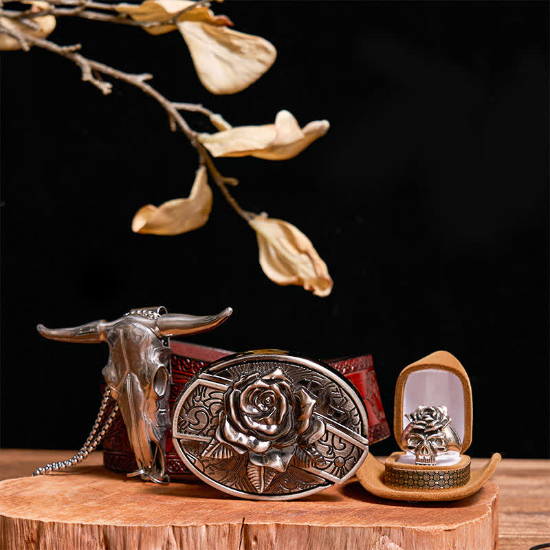 Conjunto de hebilla de cinturón con cuchillo oculto y rosa, colgante de toro, calavera y anillo con rosa