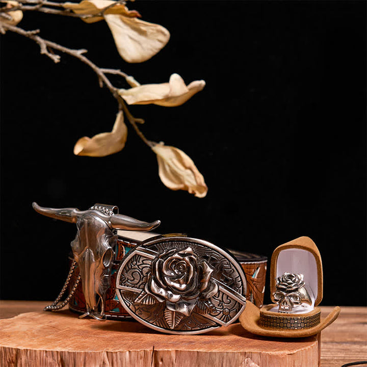 Conjunto de hebilla de cinturón con cuchillo oculto y rosa, colgante de toro, calavera y anillo con rosa