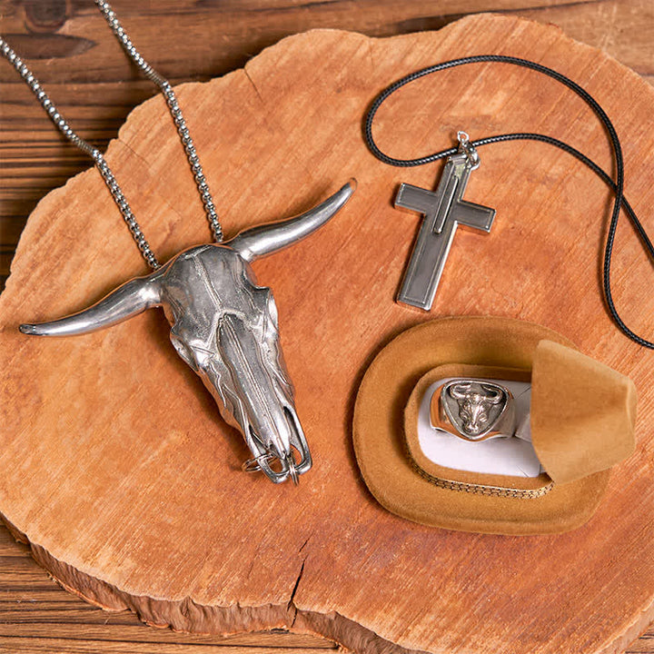 Conjunto de anillo de toro con colgante de cruz de toro Longhorn DIY con cuchillo oculto
