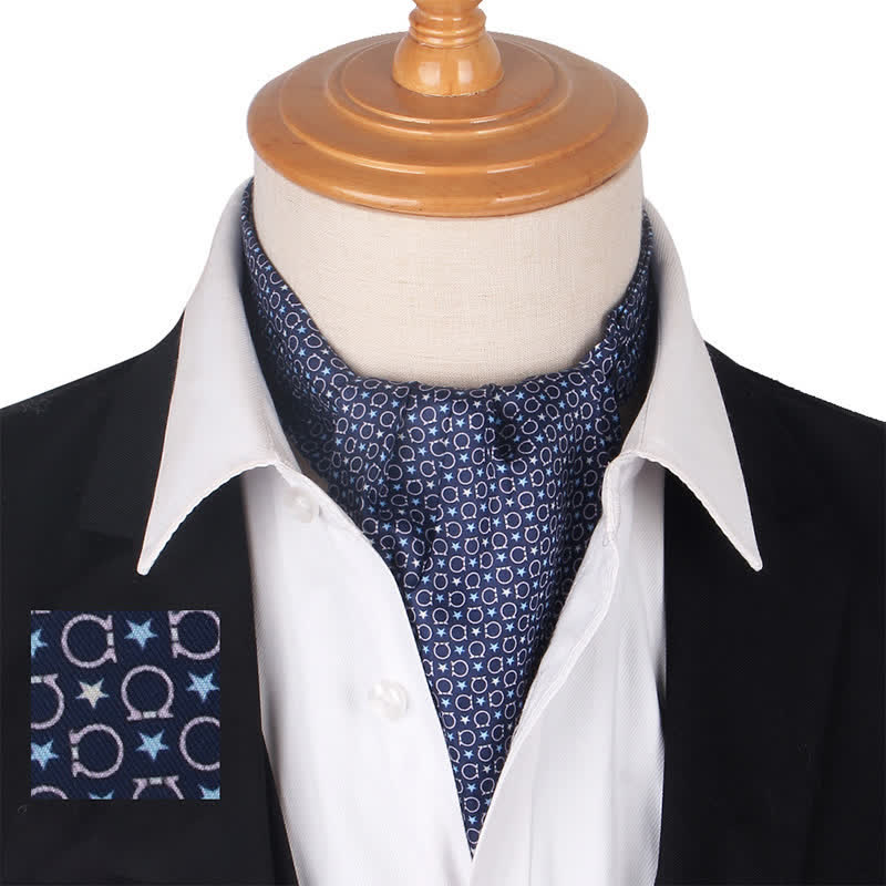 Corbata Ascot azul marino y negra con estampado de estrellas y motivos geométricos