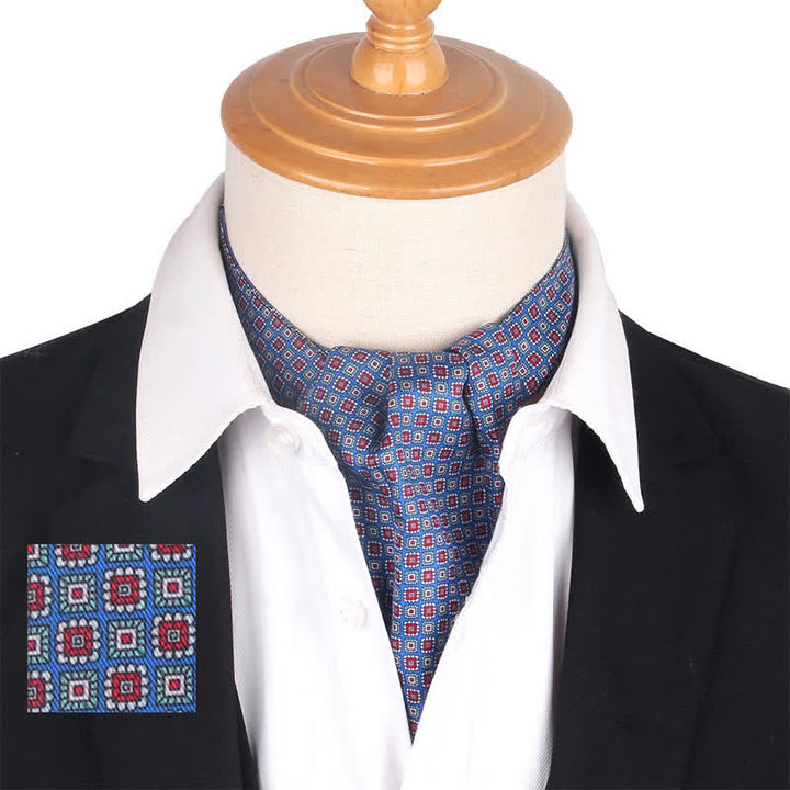 Corbata Ascot con estampado geométrico de cuadrados pequeños en azul y rojo