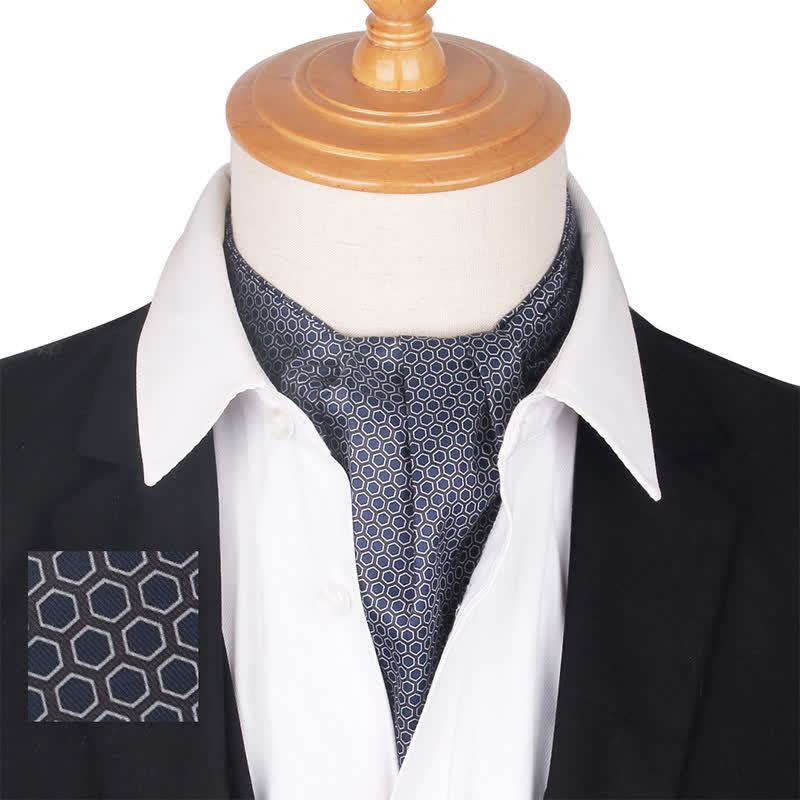 Corbata Ascot gris y morada con estampado geométrico hexagonal