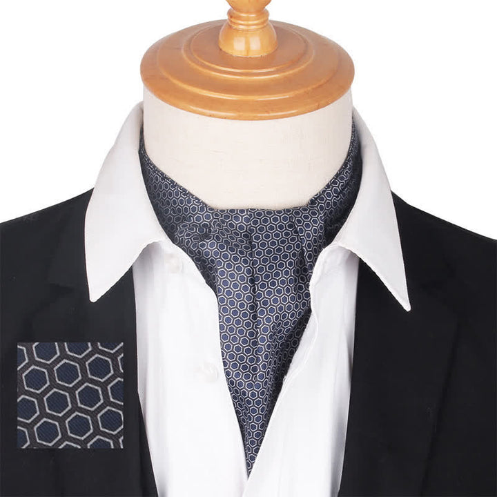 Corbata Ascot gris y morada con estampado geométrico hexagonal