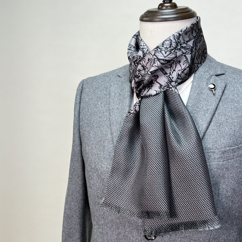 Bufanda fina de seda pura larga con estampado floral y cuadrícula de doble cara para hombre
