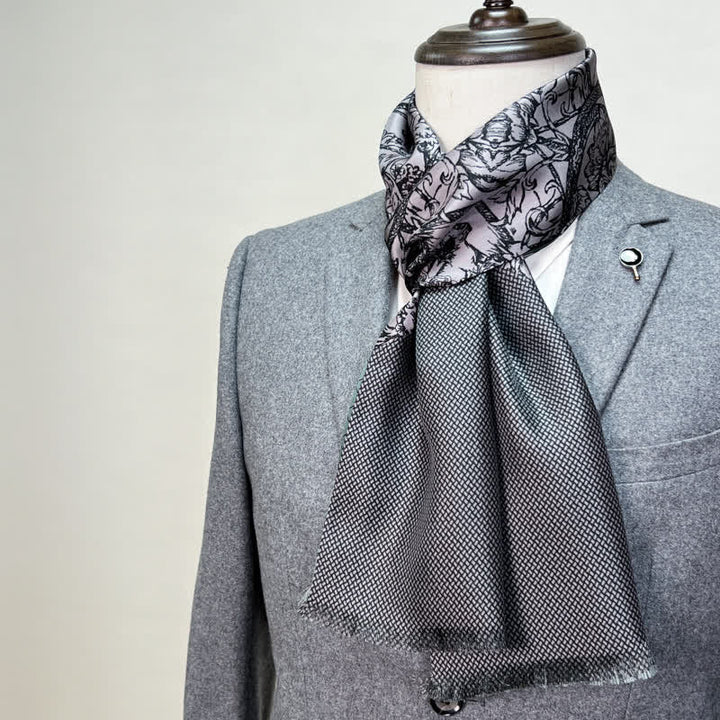 Bufanda fina de seda pura larga con estampado floral y cuadrícula de doble cara para hombre