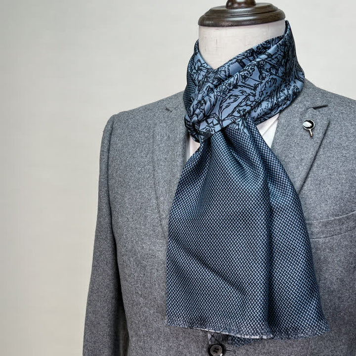 Bufanda fina de seda pura larga con estampado floral y cuadrícula de doble cara para hombre