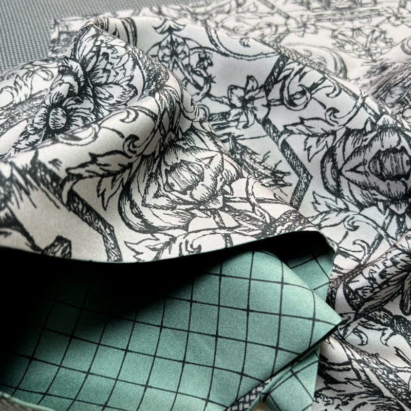 Bufanda fina de seda pura larga con estampado floral y cuadrícula de doble cara para hombre