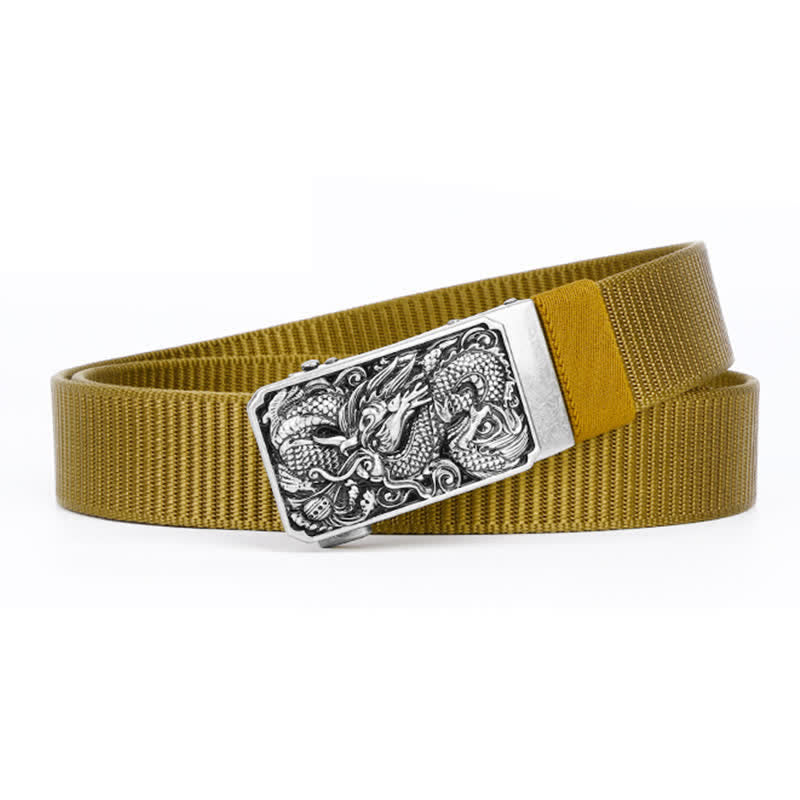 Cinturón de nailon con hebilla automática y diseño de dragón en espiral plateado para hombre