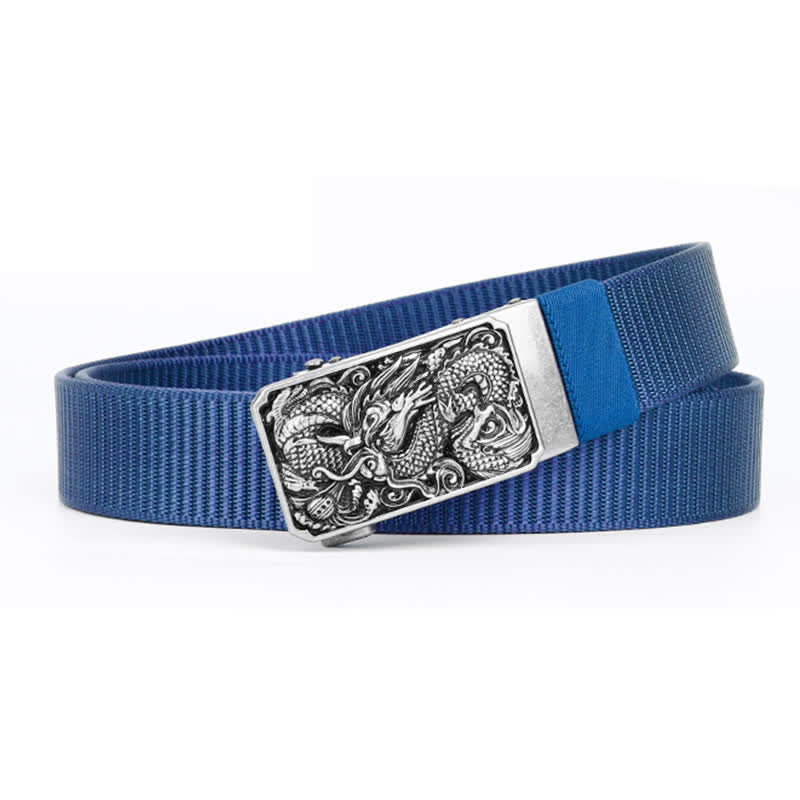 Cinturón de nailon con hebilla automática y diseño de dragón en espiral plateado para hombre