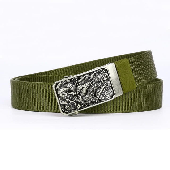 Cinturón de nailon con hebilla automática y diseño de dragón en espiral plateado para hombre