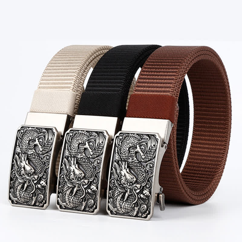 Cinturón de nailon con hebilla automática y diseño de dragón en espiral plateado para hombre