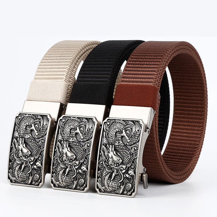 Cinturón de nailon con hebilla automática y diseño de dragón en espiral plateado para hombre