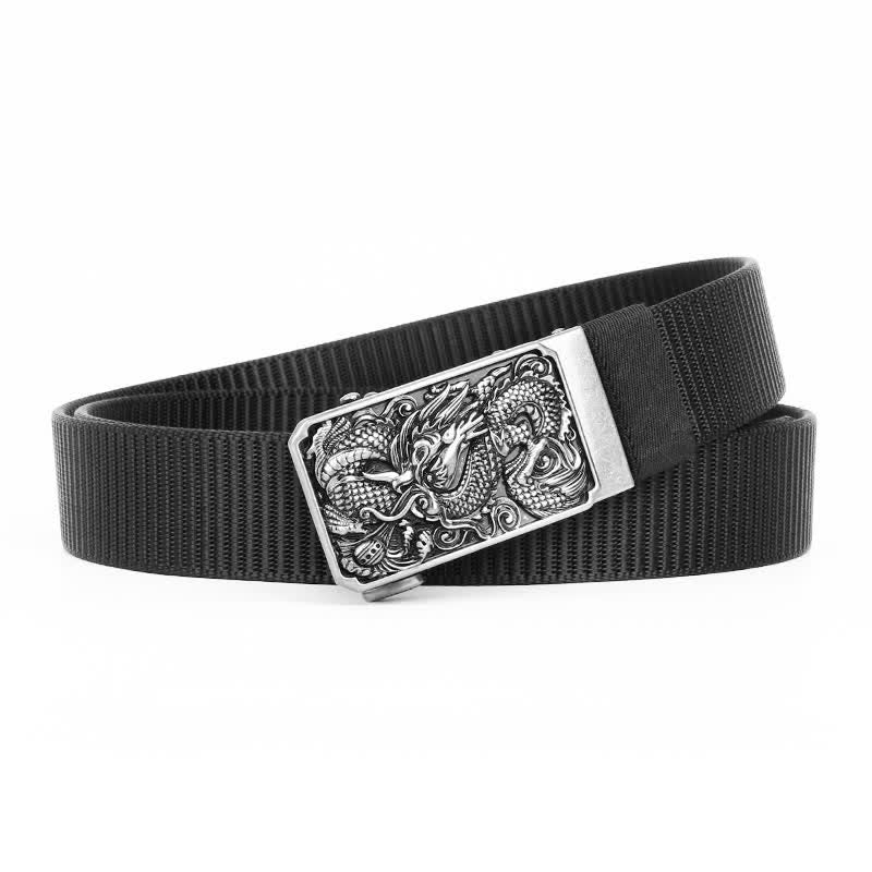 Cinturón de nailon con hebilla automática y diseño de dragón en espiral plateado para hombre