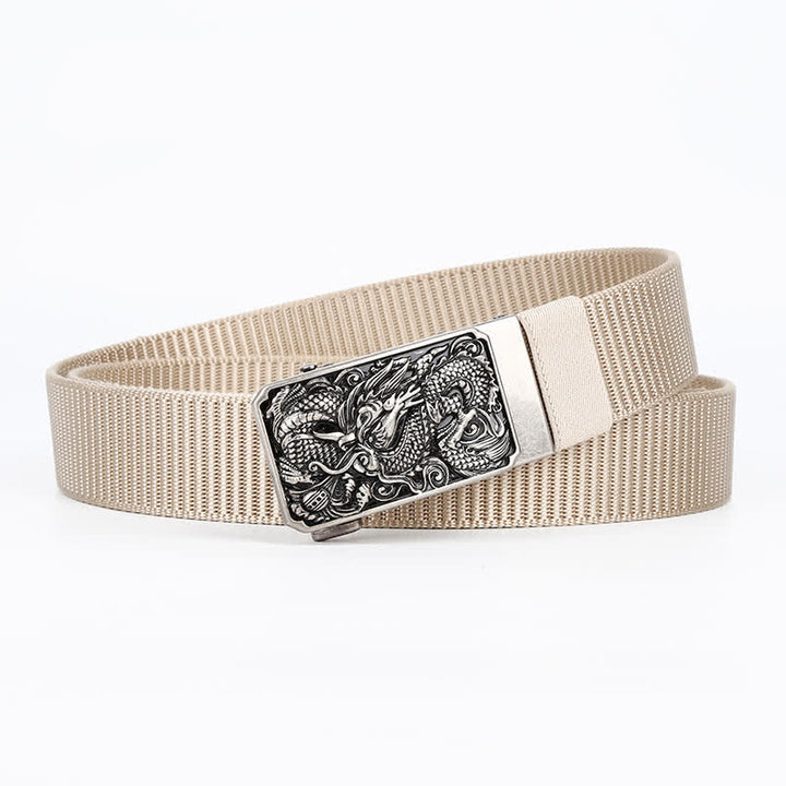 Cinturón de nailon con hebilla automática y diseño de dragón en espiral plateado para hombre