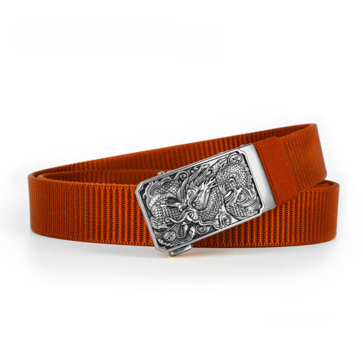 Cinturón de nailon con hebilla automática y diseño de dragón en espiral plateado para hombre