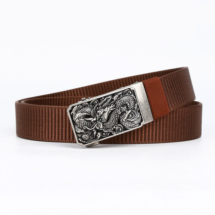 Cinturón de nailon con hebilla automática y diseño de dragón en espiral plateado para hombre