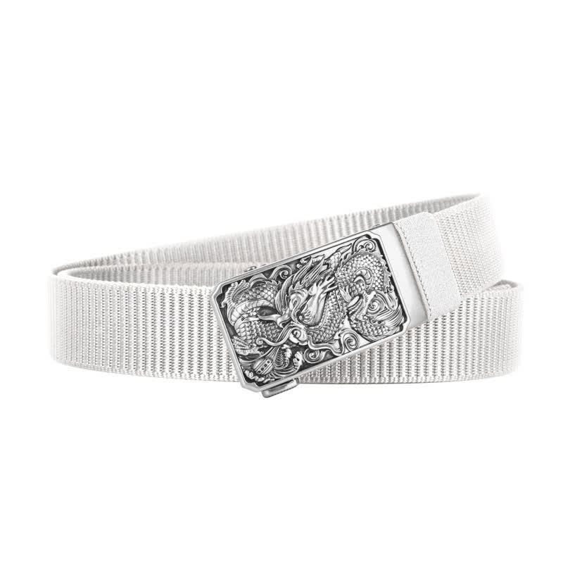 Cinturón de nailon con hebilla automática y diseño de dragón en espiral plateado para hombre