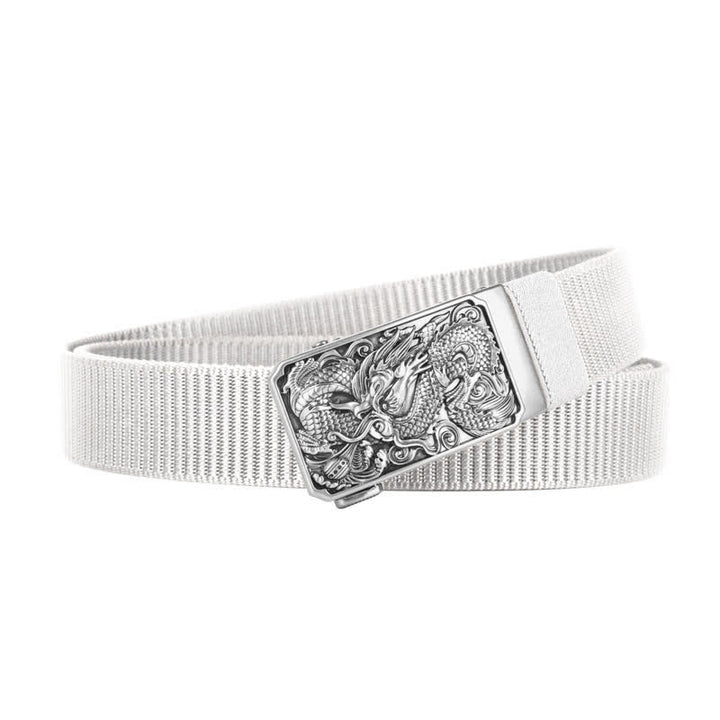 Cinturón de nailon con hebilla automática y diseño de dragón en espiral plateado para hombre