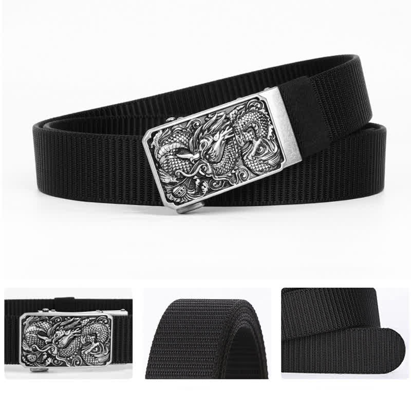 Cinturón de nailon con hebilla automática y diseño de dragón en espiral plateado para hombre