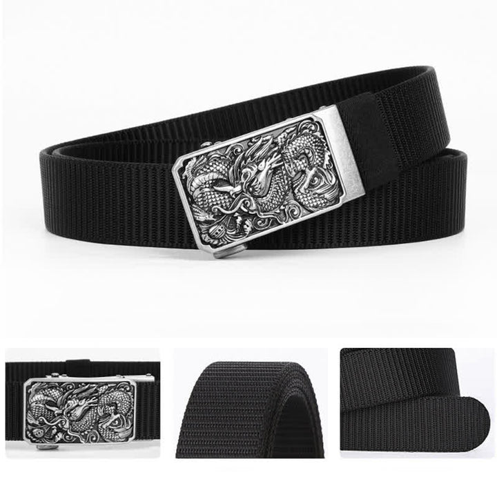 Cinturón de nailon con hebilla automática y diseño de dragón en espiral plateado para hombre