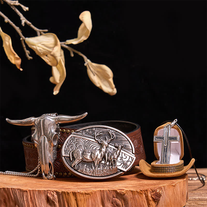 Conjunto de collar y cruz creativos con colgante de toro y hebilla de cinturón con cuchillo oculto DIY de dos ciervos