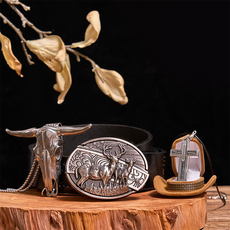Conjunto de collar y cruz creativos con colgante de toro y hebilla de cinturón con cuchillo oculto DIY de dos ciervos