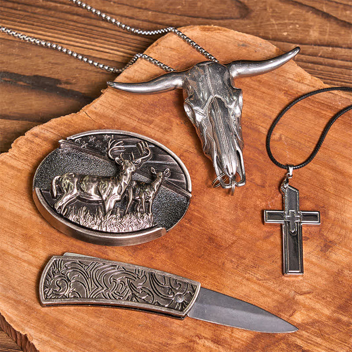 Conjunto de collar y cruz creativos con colgante de toro y hebilla de cinturón con cuchillo oculto DIY de dos ciervos