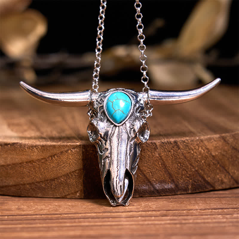 Conjunto de colgante y anillo con hebilla de cinturón con cuchillo oculto de toro de cuernos largos turquesa
