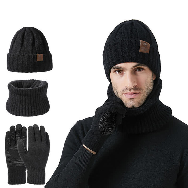 Conjunto de 3 guantes y gorro unisex de color sólido para calentar el cuello