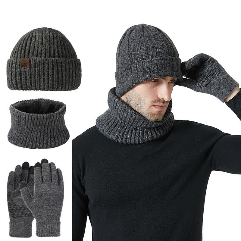 Conjunto de 3 guantes y gorro unisex de color sólido para calentar el cuello