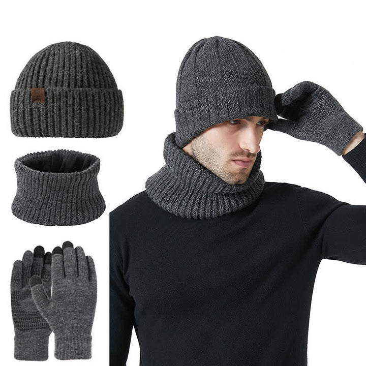 Conjunto de 3 guantes y gorro unisex de color sólido para calentar el cuello