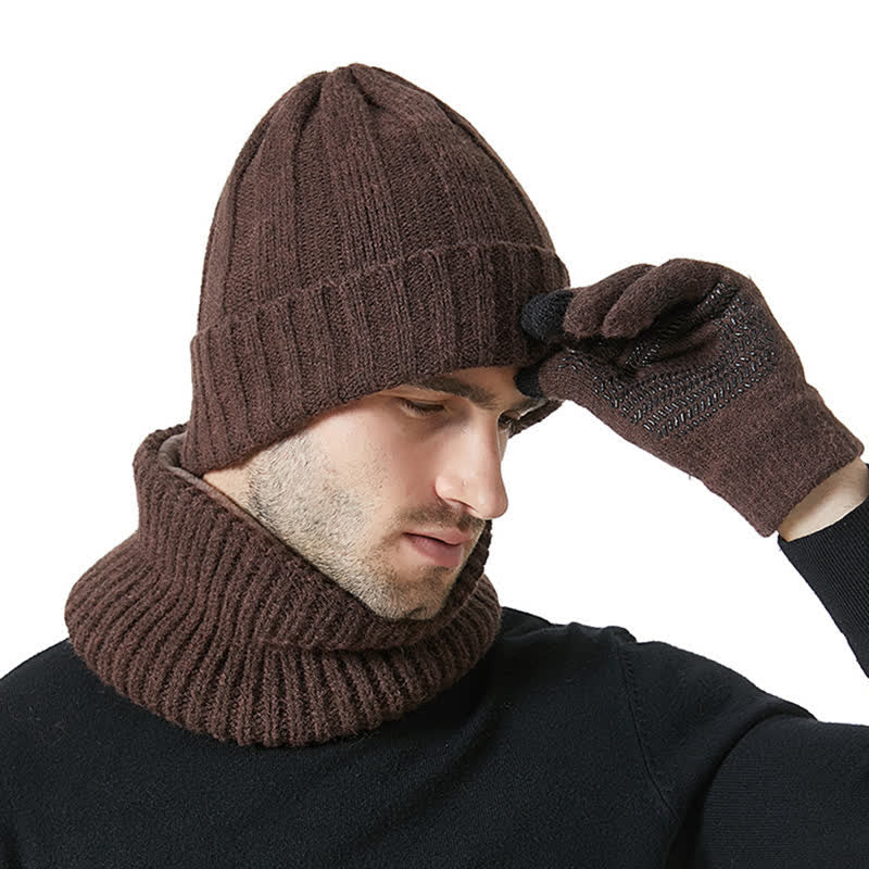 Conjunto de 3 guantes y gorro unisex de color sólido para calentar el cuello