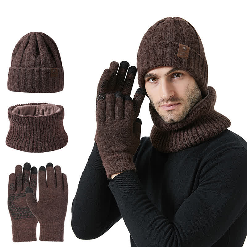 Conjunto de 3 guantes y gorro unisex de color sólido para calentar el cuello