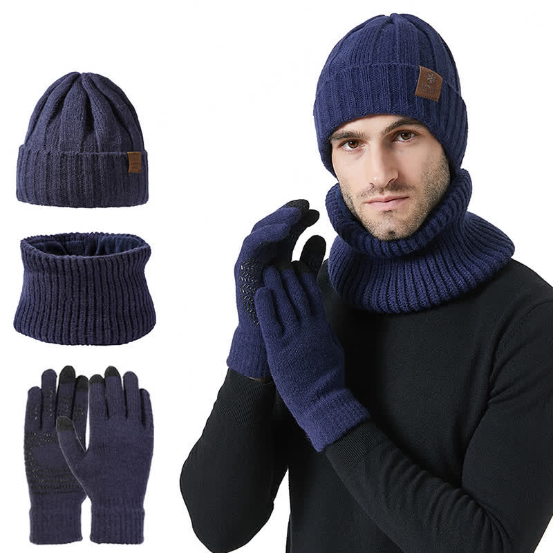 Conjunto de 3 guantes y gorro unisex de color sólido para calentar el cuello