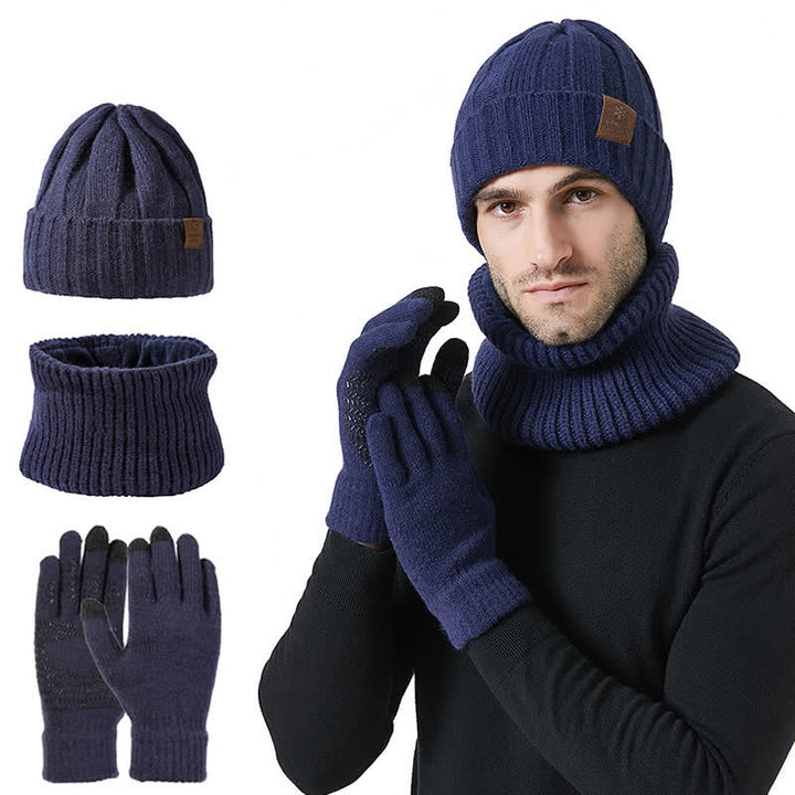 Conjunto de 3 guantes y gorro unisex de color sólido para calentar el cuello