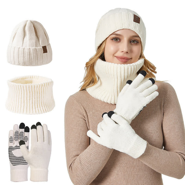 Conjunto de 3 guantes y gorro unisex de color sólido para calentar el cuello