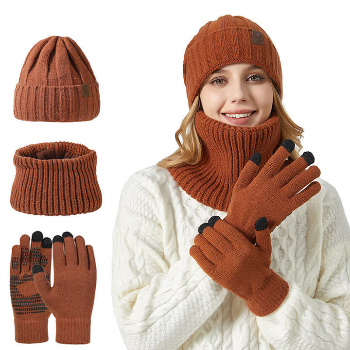 Conjunto de 3 guantes y gorro unisex de color sólido para calentar el cuello