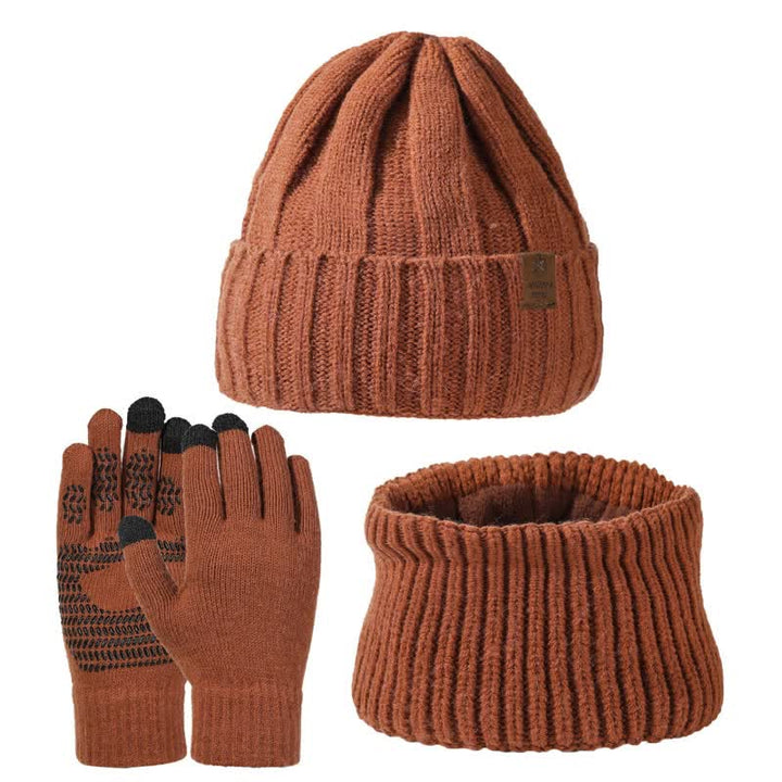 Conjunto de 3 guantes y gorro unisex de color sólido para calentar el cuello