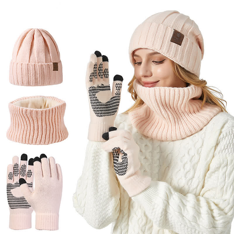 Conjunto de 3 guantes y gorro unisex de color sólido para calentar el cuello