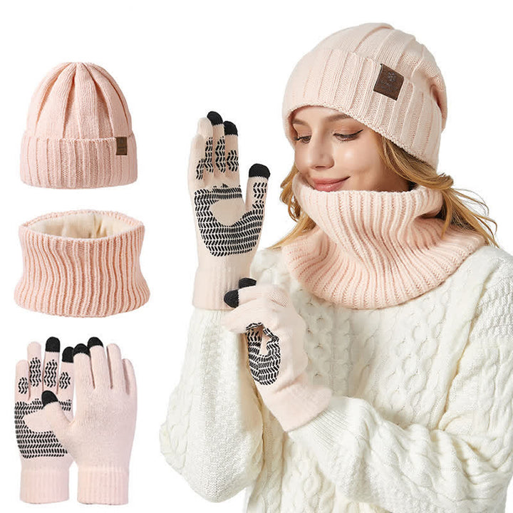 Conjunto de 3 guantes y gorro unisex de color sólido para calentar el cuello