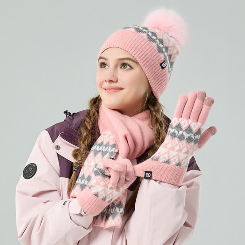 Conjunto de 3 guantes y bufanda de punto con estampado de diamantes unisex cómodos