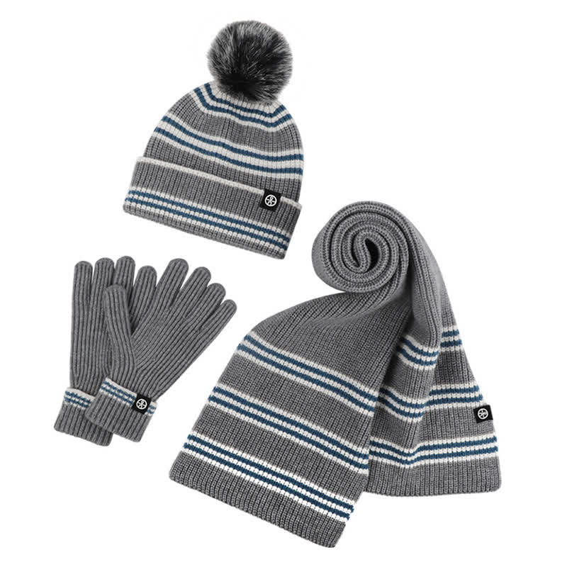 Conjunto de 3 guantes y bufanda de punto con bola de pelo y estampado de rayas unisex